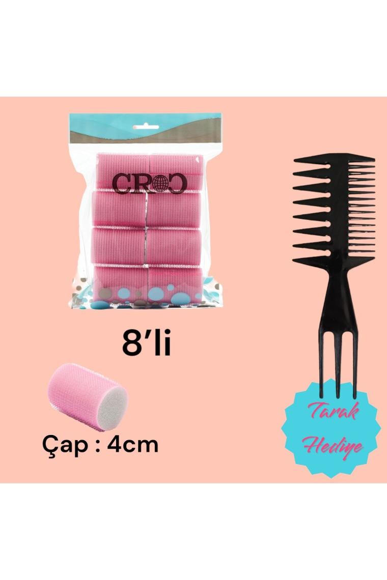1207 Cırtlı Sünger Bigudi 8li Çap 4cm Pembe - Yapışkanlı Saç Bigudisi