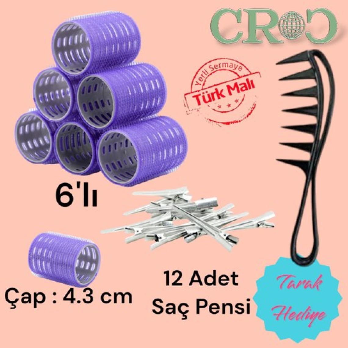 Croc 1215 Büyük Boy Bigudi 6lı + Saç Pensi 12lı (Cırtlı - Yapışkanlı Bigudi) Mor
