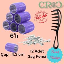Croc 1215 Büyük Boy Bigudi 6lı + Saç Pensi 12lı (Cırtlı - Yapışkanlı Bigudi) Mor