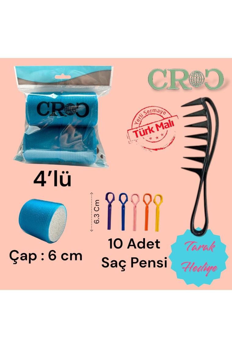 1208 Mavi Cırtlı Sünger Bigudi 4Lü Çap 6Cm + 10Lu Plastik Saç Pensi