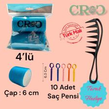 1208 Mavi Cırtlı Sünger Bigudi 4Lü Çap 6Cm + 10Lu Plastik Saç Pensi