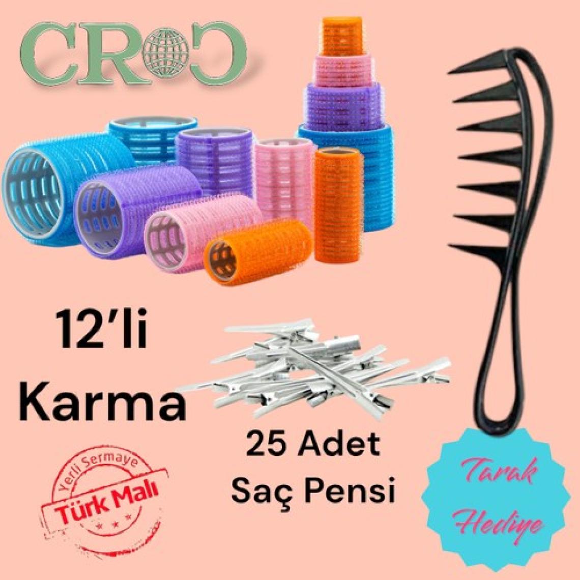 Croc Bigudi Seti - Cırtlı Saç Bigudisi x 12 Adet + 25'li Saç Pensi