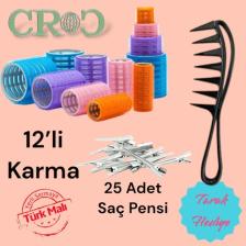 Croc Bigudi Seti - Cırtlı Saç Bigudisi x 12 Adet + 25'li Saç Pensi