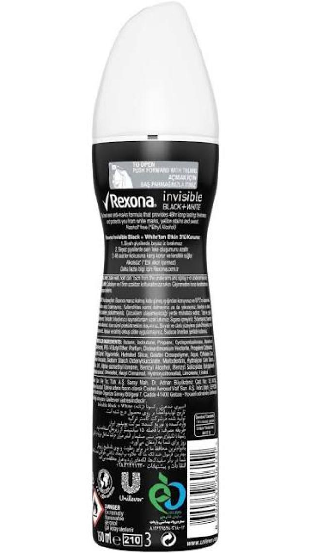 Rexona  Anti-Perspirant Sprey Deodorant Kadın Invisible Black White Ter Kokusuna Karşı  150 ML