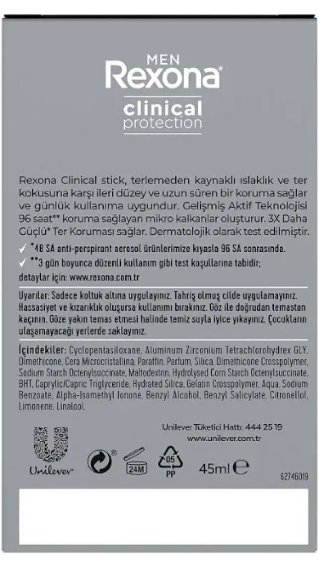 Rexona Men Clinical Protection Erkek Stick Deodorant Clean Scent  Güçlü Koruma 45 ml