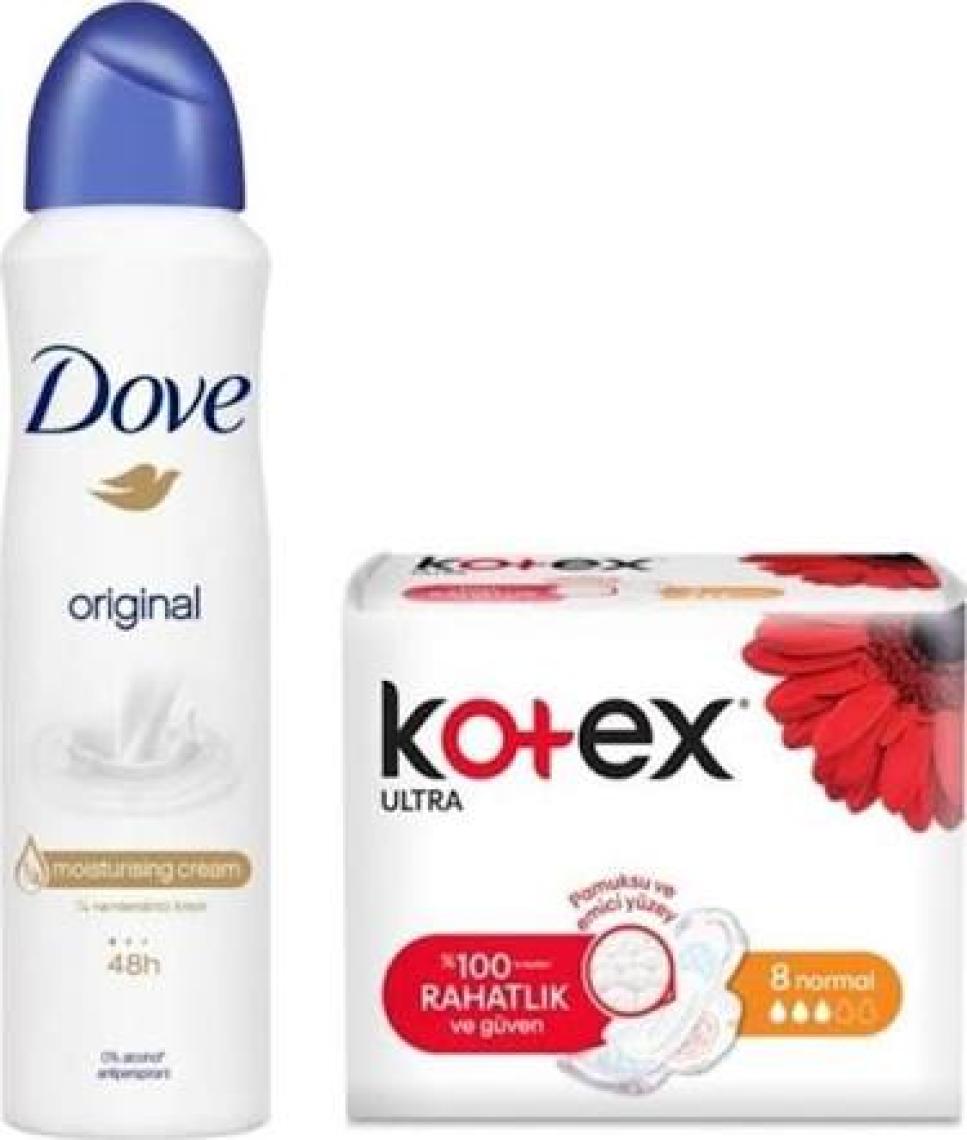 Dove Kadın Sprey Deodorant Original 150 ml + Kotex Hijyenik Ped Ultra Normal 8'li