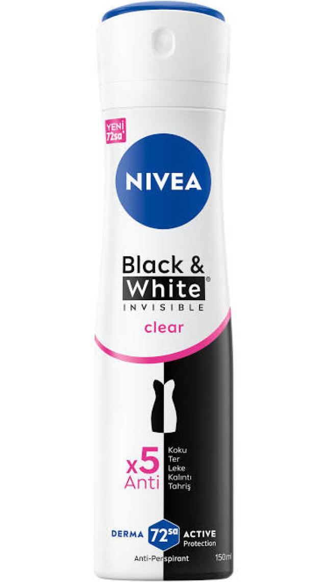 NIVEA Kadın Sprey Deodorant Black& White Invisible Clear 150ml,  Ter ve Ter Kokusuna Karşı 48 Saat Anti-perspirant Deodorant Koruması