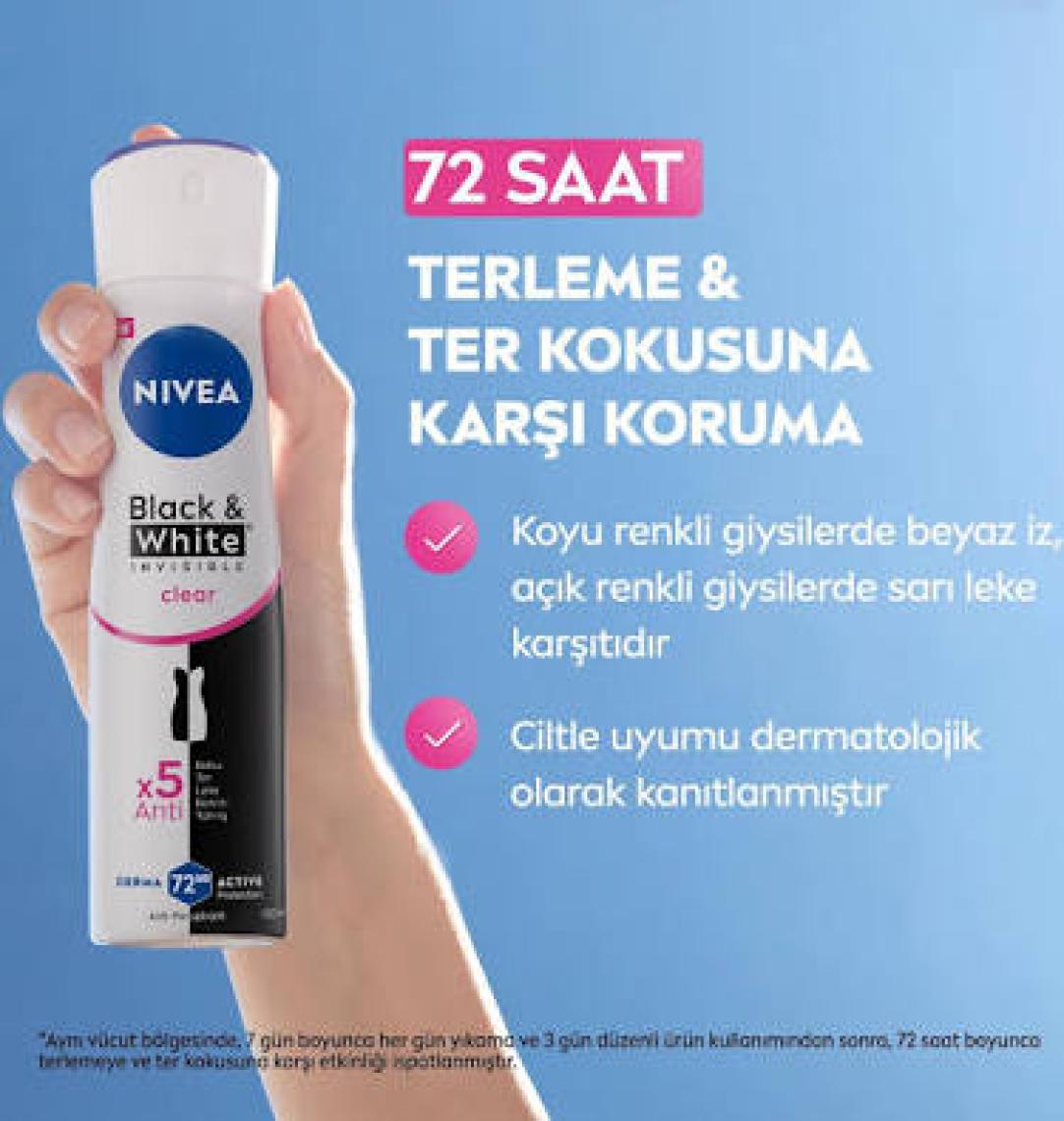 NIVEA Kadın Sprey Deodorant Black& White Invisible Clear 150ml,  Ter ve Ter Kokusuna Karşı 48 Saat Anti-perspirant Deodorant Koruması