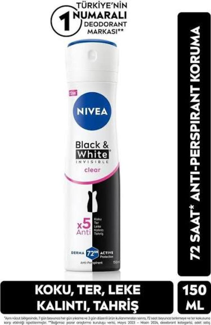 NIVEA Kadın Sprey Deodorant Black& White Invisible Clear 150ml,  Ter ve Ter Kokusuna Karşı 48 Saat Anti-perspirant Deodorant Koruması