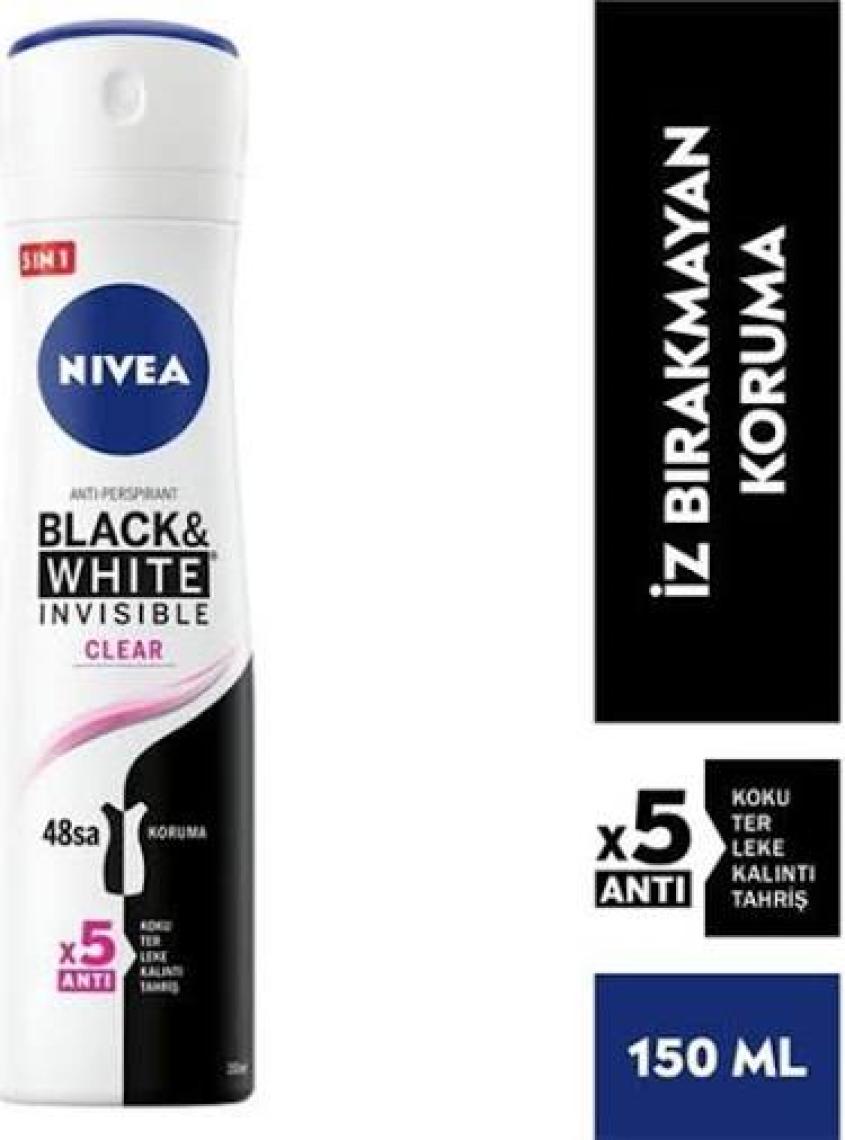NIVEA Kadın Sprey Deodorant Black& White Invisible Clear 150ml,  Ter ve Ter Kokusuna Karşı 48 Saat Anti-perspirant Deodorant Koruması