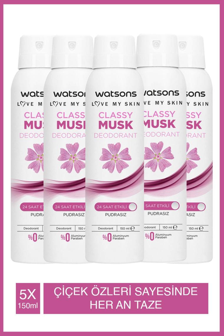 Watsons Classy Musk 24 Saat Etkili Pudrasız Deodorant Sprey 150 ml x 5