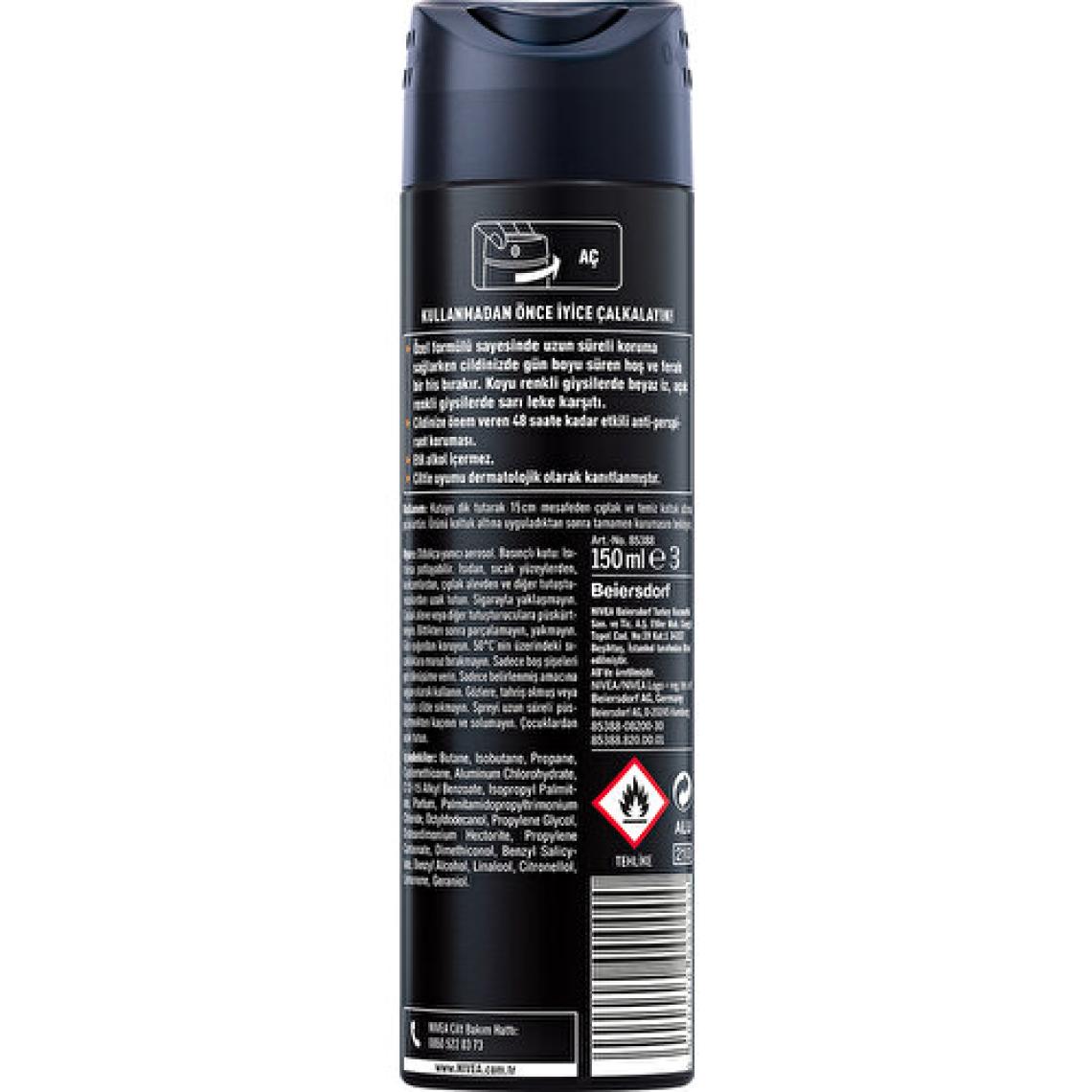 NIVEA Men Erkek Sprey Deodorant Black&White Invisible Güçlü Etki 150ml; Ter ve Ter Kokusuna Karşı 48 Saat Anti-perspirant ; İz Bırakmayan Formül