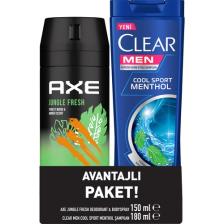 Axe Erkek Sprey Deodorant Jungle Fresh 150 Ml + Clear Men Saç Bakım Şampuanı Cool Sport Menthol 180 Ml