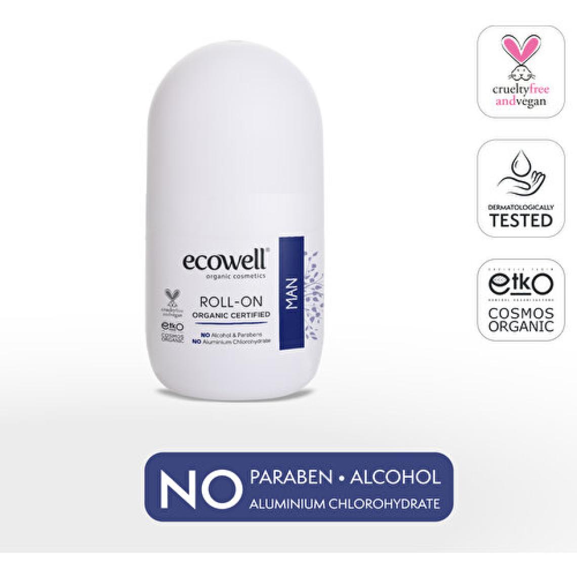 Ecowell Erkek Roll-on Deodorant, Organik & Vegan Sertifikalı, Dermatolojik Olarak Test Edilmiştir, 75ml