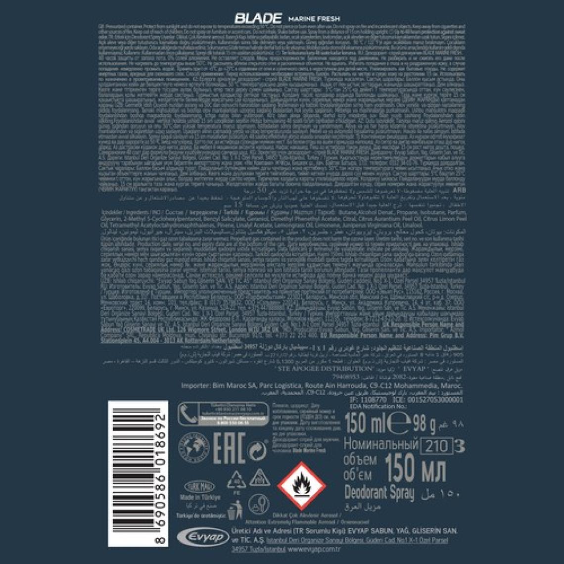 Blade Marine Fresh Erkek Deodorant 150 Ml Hızlı Kurur, Leke Bırakmaz