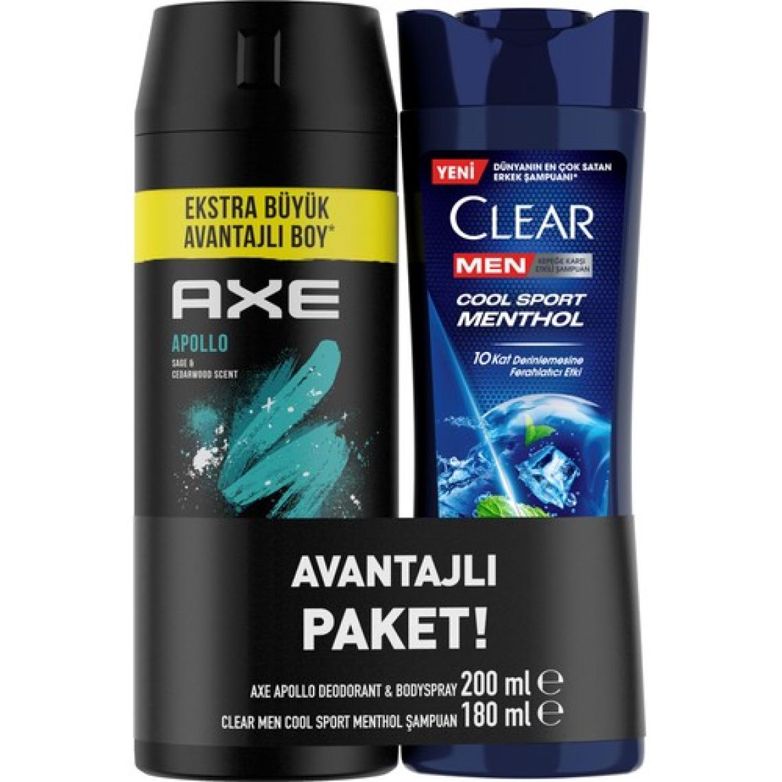 Axe Erkek Sprey Deodorant Apollo 200 ml + Clear Men Saç Bakım Şampuanı Cool Sport Menthol 180 ml