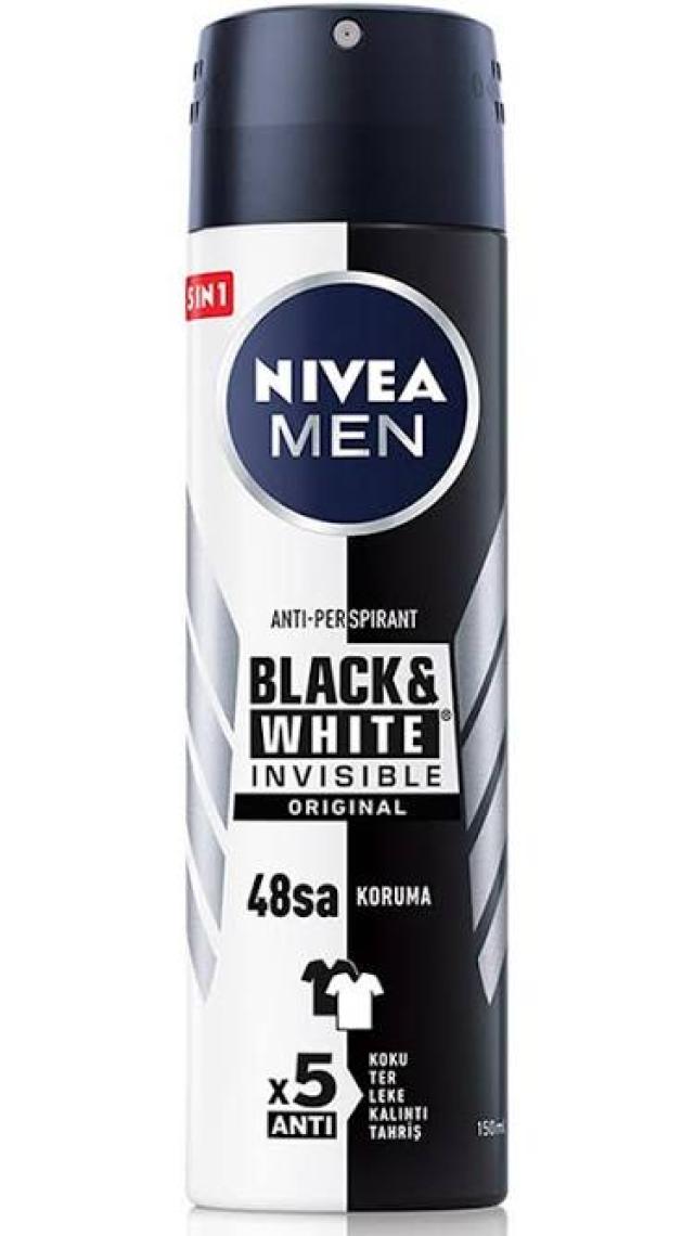NIVEA Men Erkek Sprey Deodorant Black&White Invisible Original Ter ve Ter Kokusuna Karşı 48 Saat Anti-perspirant  150ml