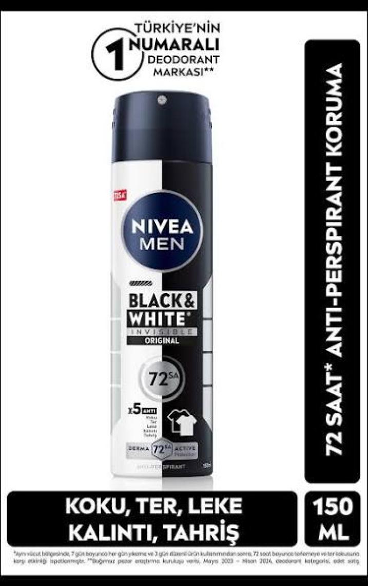 NIVEA Men Erkek Sprey Deodorant Black&White Invisible Original Ter ve Ter Kokusuna Karşı 48 Saat Anti-perspirant  150ml