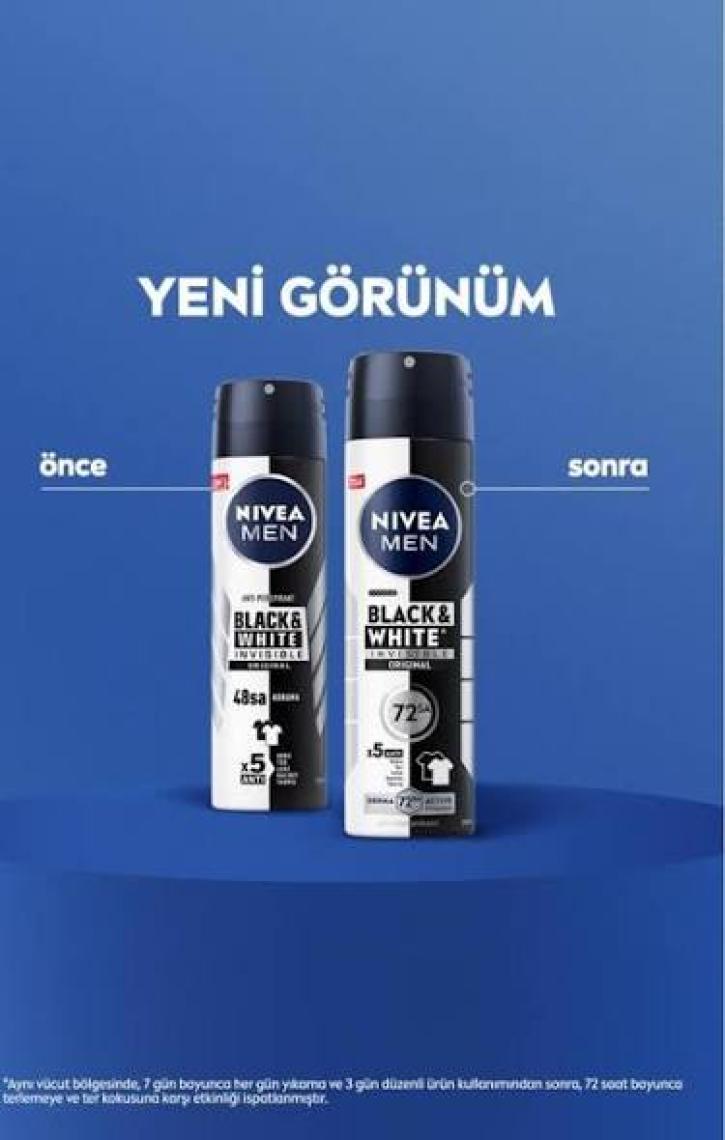 NIVEA Men Erkek Sprey Deodorant Black&White Invisible Original Ter ve Ter Kokusuna Karşı 48 Saat Anti-perspirant  150ml
