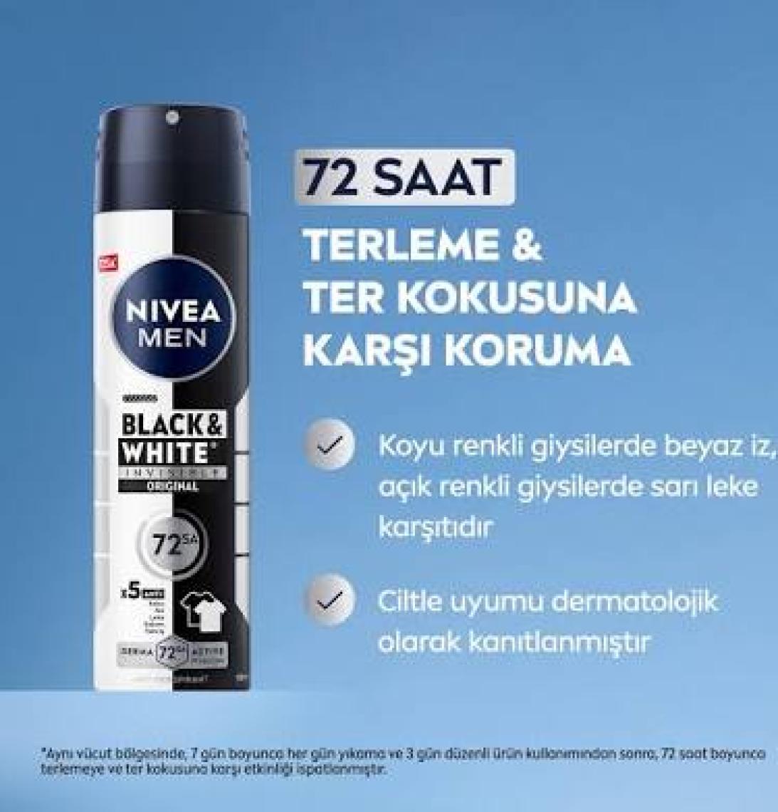 NIVEA Men Erkek Sprey Deodorant Black&White Invisible Original Ter ve Ter Kokusuna Karşı 48 Saat Anti-perspirant  150ml