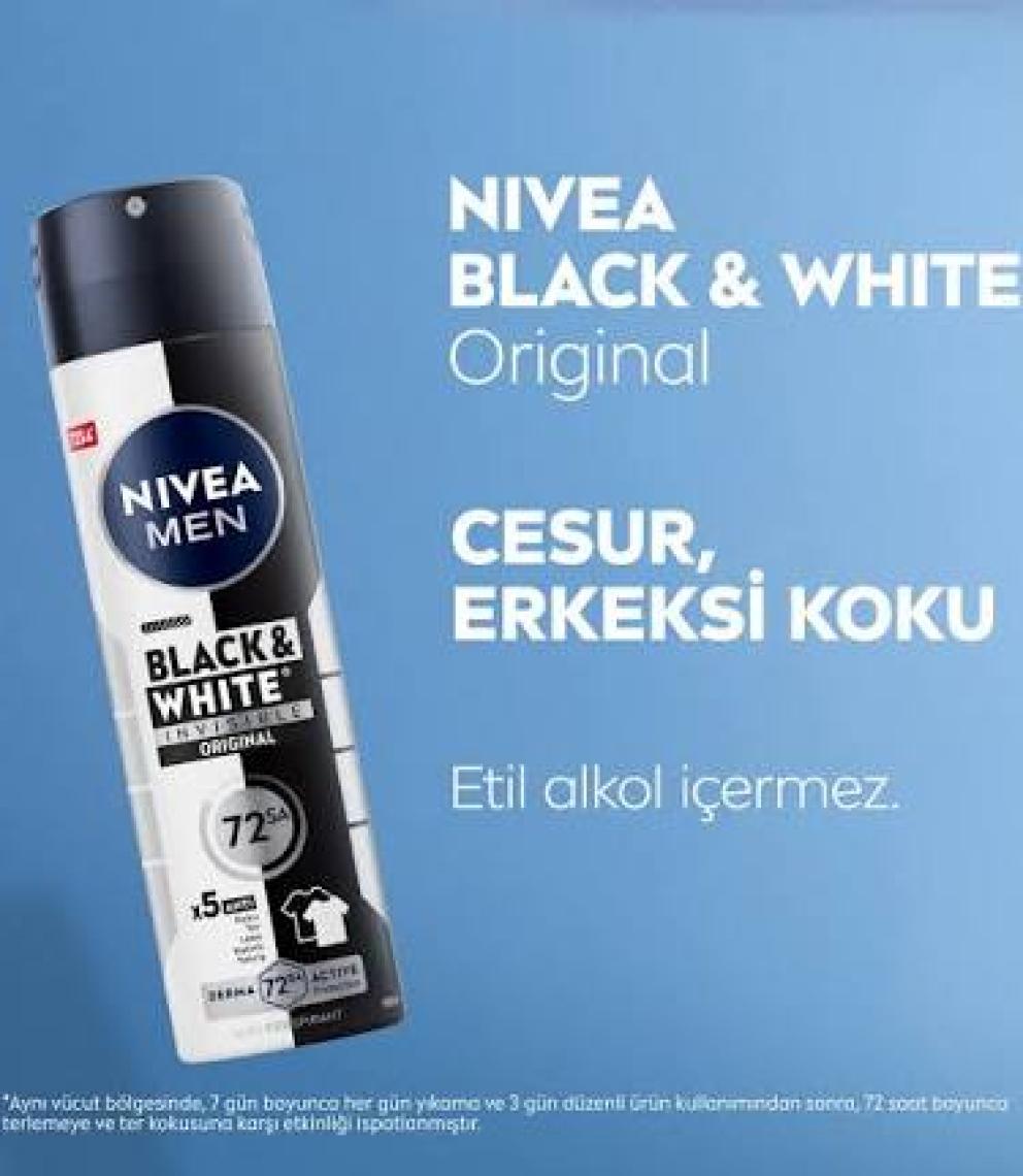 NIVEA Men Erkek Sprey Deodorant Black&White Invisible Original Ter ve Ter Kokusuna Karşı 48 Saat Anti-perspirant  150ml