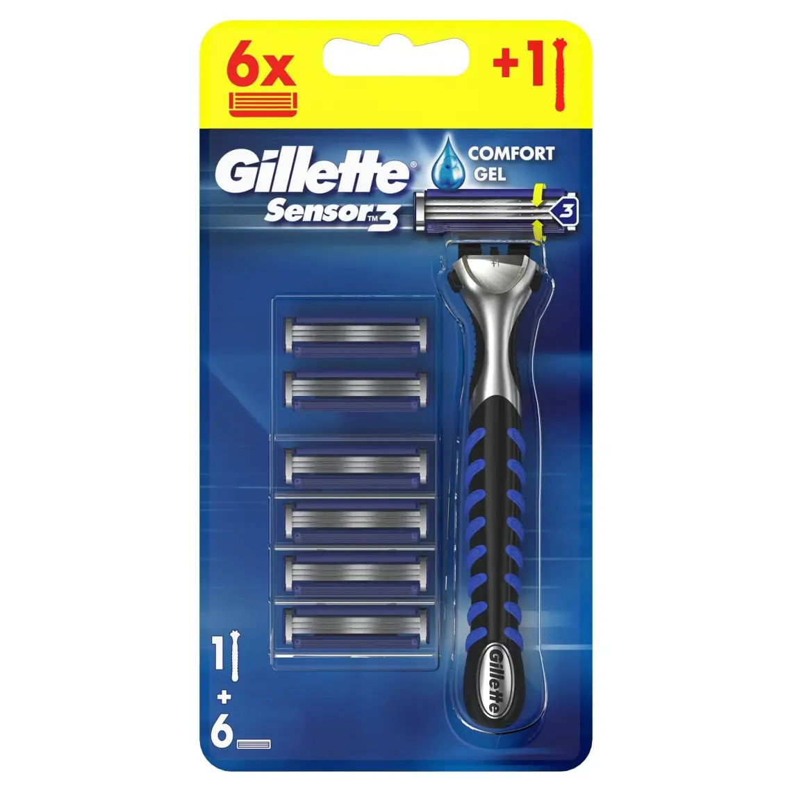 Gillette Sensor3 Tıraş Makinesi - 3 Bıçaklı, Kayganlaştırıcı Bant ve Oynar Başlık ile, 1 Adet + 6 Yedek Bıçak