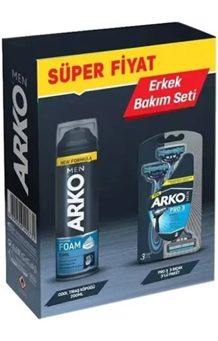 Arko Men T3 Pro 3 Bıçaklı Tıraş Bıçağı 3'lü & Cool Tıraş Köpüğü 200 ml Avantaj Paketi