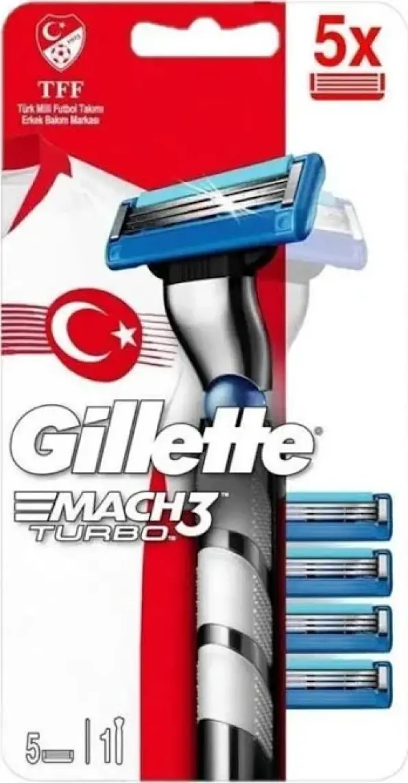 Gillette Mach3 Turbo Tıraş Makinesi + 5 Yedek Tıraş Bıçağı Milli Takım Özel Paketi