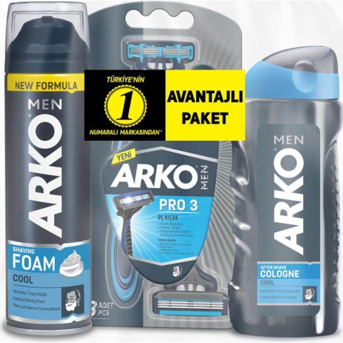 Arko Men T3 Pro 3 Bıçaklı Tıraş Bıçağı 3'lü & Cool Tıraş Köpüğü 200 ml & Cool Tıraş Kolonyası 250 ml Süper Fırsat Paketi
