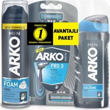 Arko Men T3 Pro 3 Bıçaklı Tıraş Bıçağı 3'lü & Cool Tıraş Köpüğü 200 ml & Cool Tıraş Kolonyası 250 ml Süper Fırsat Paketi