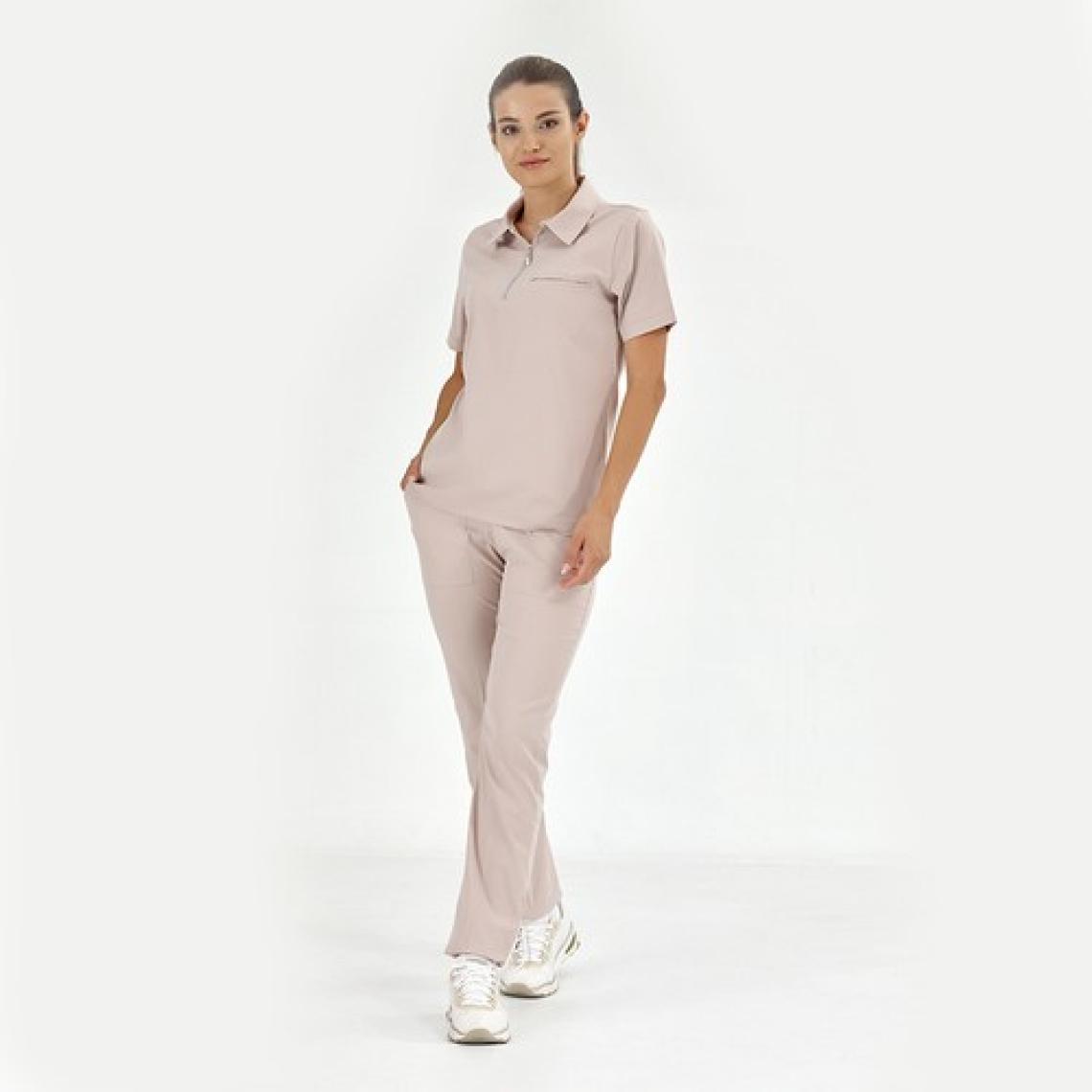 Çizgi Medikal Polo Lüks Kaliteli Likralı Doktor Hemşire Forması Scrubs Krem