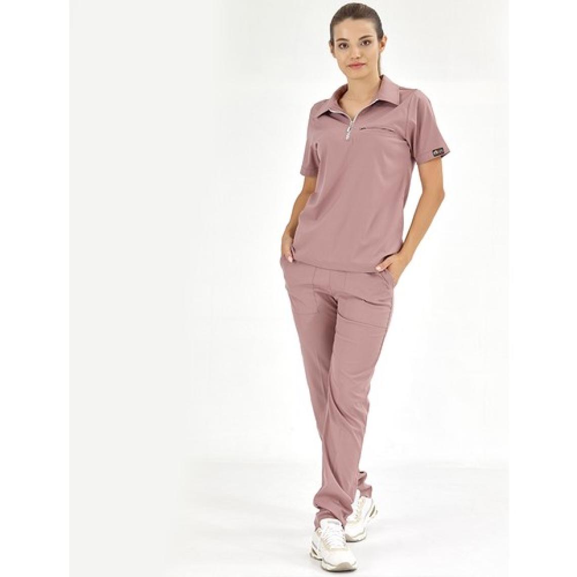 Çizgi Medikal Polo Lüks Kaliteli Likralı Doktor Hemşire Forması Scrubs Gül Kurusu