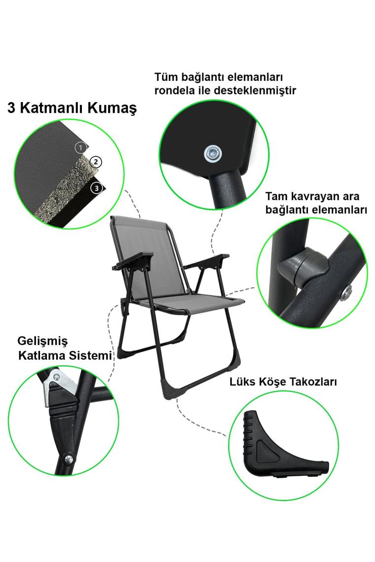 Natura 2 Adet Kamp Sandalyesi Katlanır Piknik Sandalye Dikdörtgen Bardaklıklı Gri