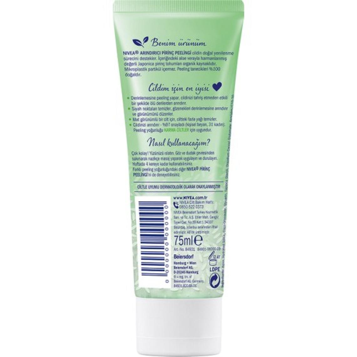 NIVEA Arındırıcı Organik Pirinç Peeling 75 ml; Karma Ciltler; Aloe Vera ile Yüz Bakım; Cildi Arındırır; Etkili Yüz Temizleme