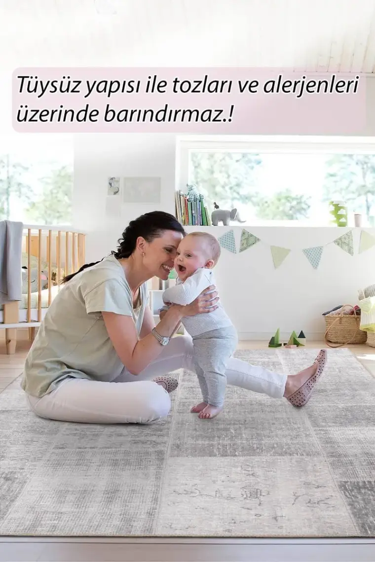 Artloop Folk Patchwork Desenli Dokuma Taban Dekoratif Gri Halı (Ba 36)