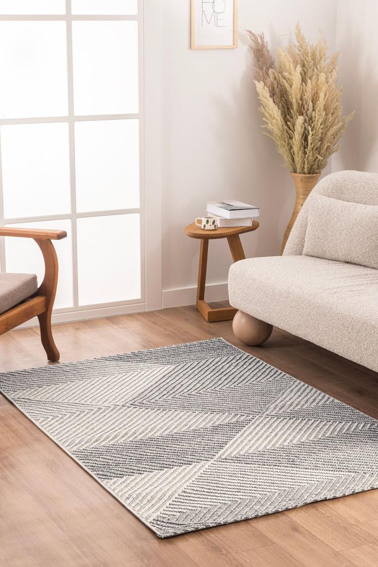 Koza Halı Retro Krem Gri Geometrik Desenli Tozumaz Salon Koridor Balkon Teras Bahçe Oturma Odası Halısı 19270A