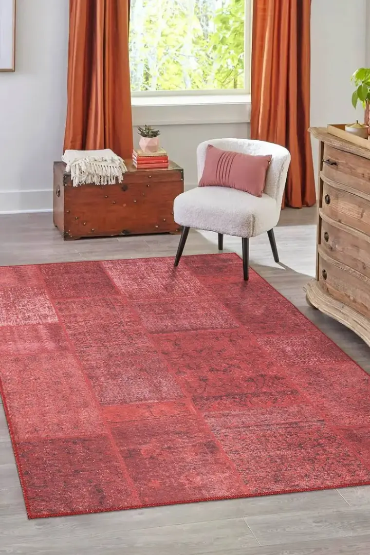 Artloop Patchwork Desenli Salon Halısı, Jazz Şönil |Pamuk-Polyester| Kırmızı Halı Al 164