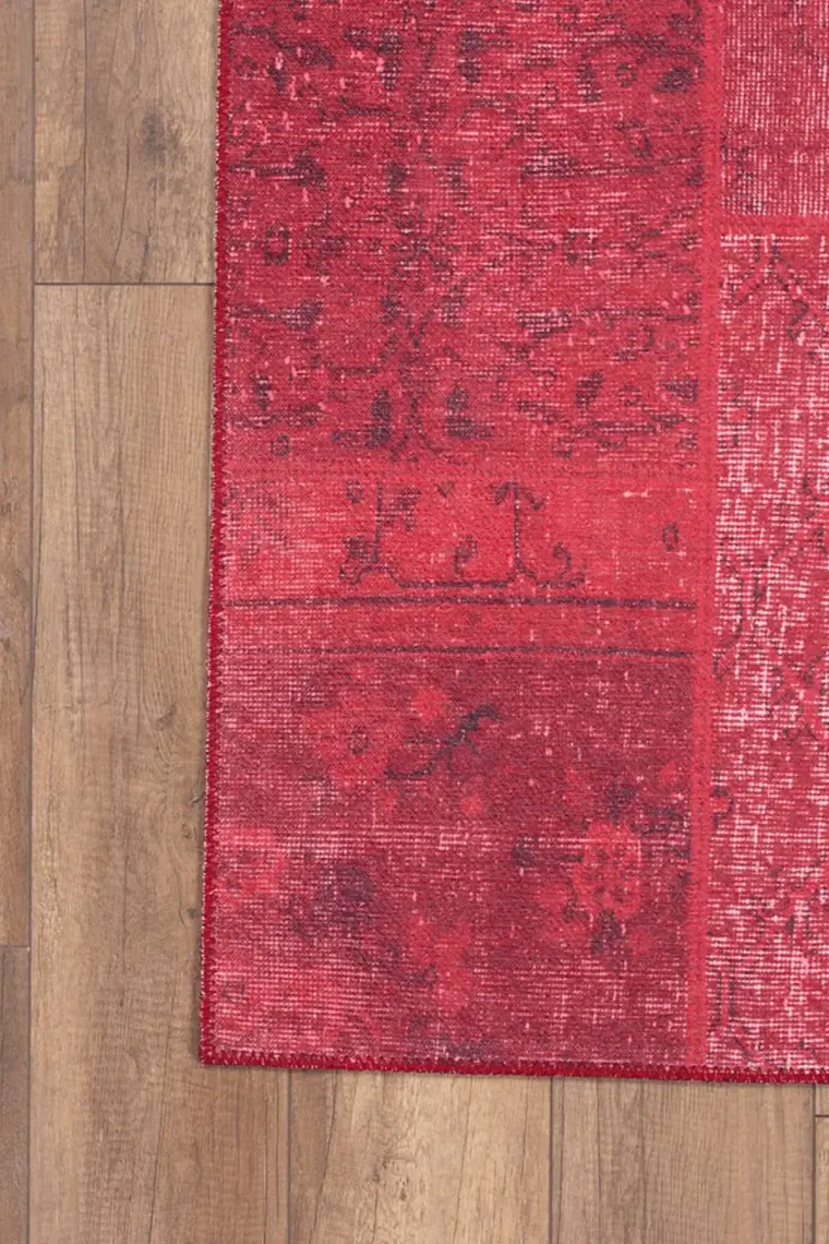 Artloop Patchwork Desenli Salon Halısı, Jazz Şönil |Pamuk-Polyester| Kırmızı Halı Al 164