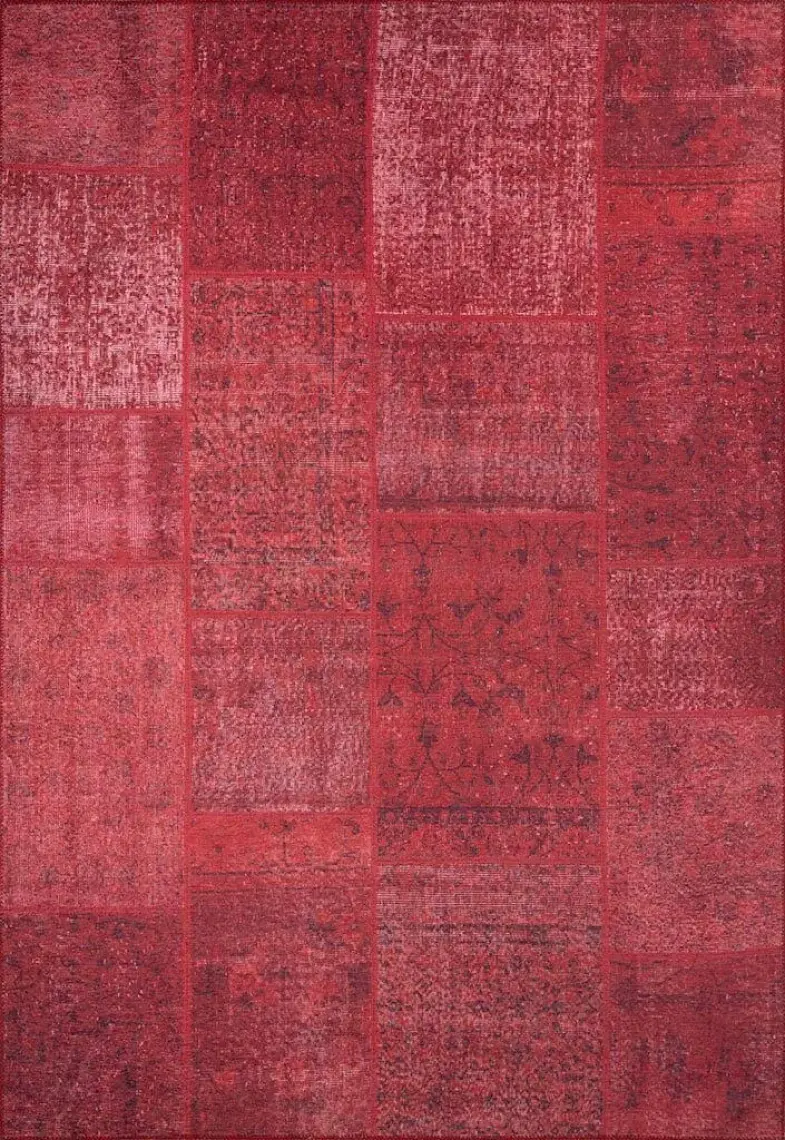 Artloop Patchwork Desenli Salon Halısı, Jazz Şönil |Pamuk-Polyester| Kırmızı Halı Al 164
