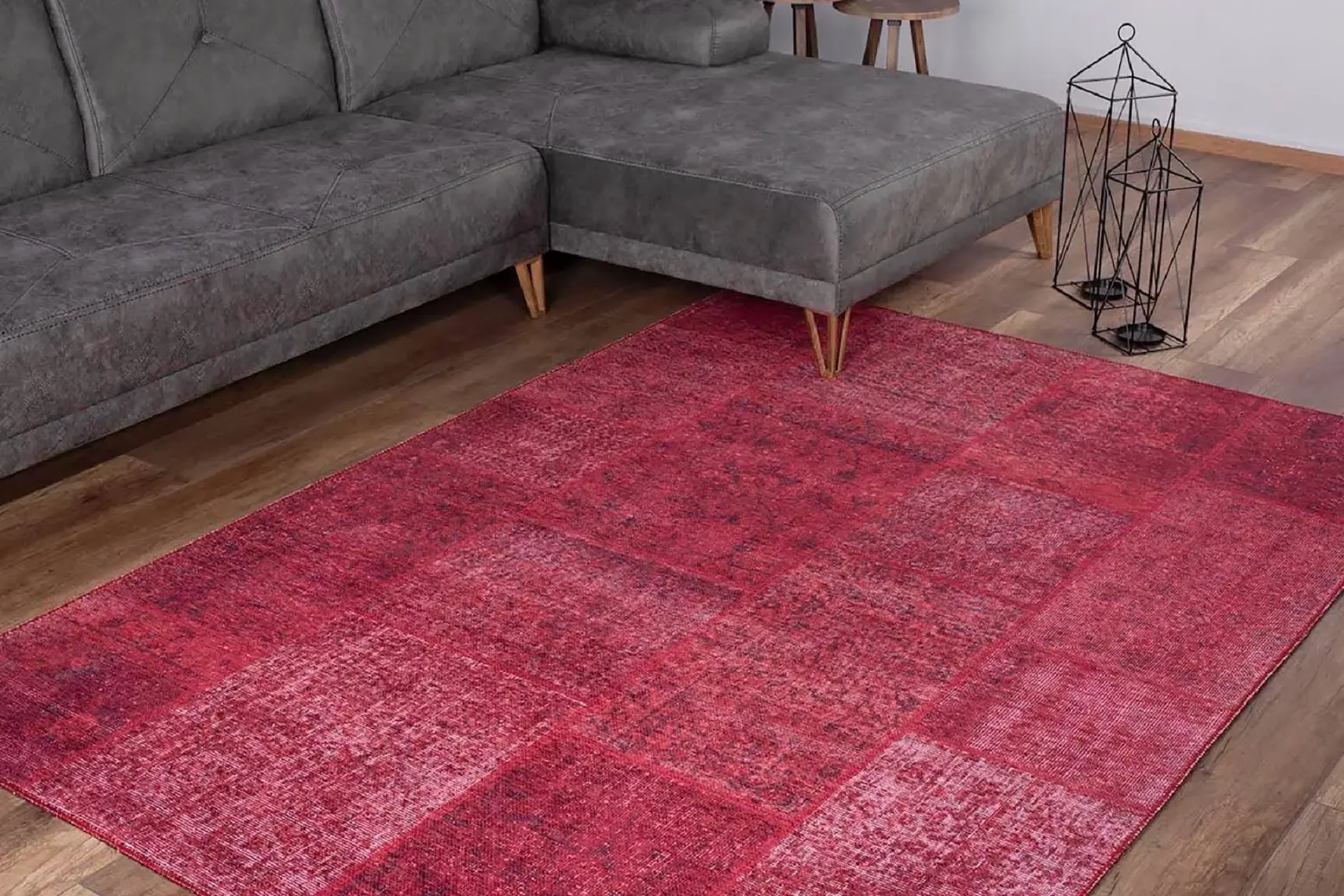 Artloop Patchwork Desenli Salon Halısı, Jazz Şönil |Pamuk-Polyester| Kırmızı Halı Al 164