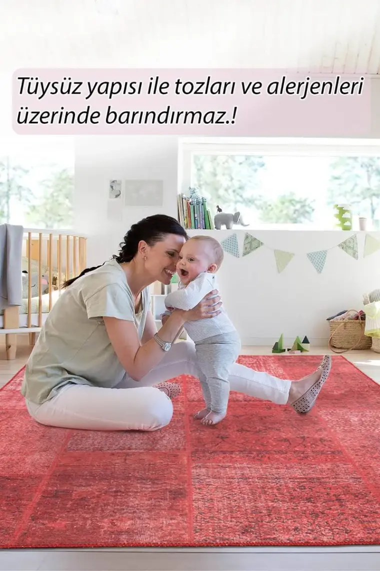 Artloop Patchwork Desenli Salon Halısı, Jazz Şönil |Pamuk-Polyester| Kırmızı Halı Al 164