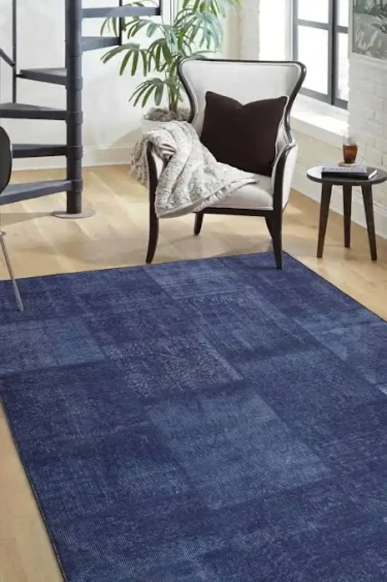 Artloop Patchwork Desenli Salon Halısı, Jazz Şönil |Pamuk-Polyester| Lacivert Halı Al 63