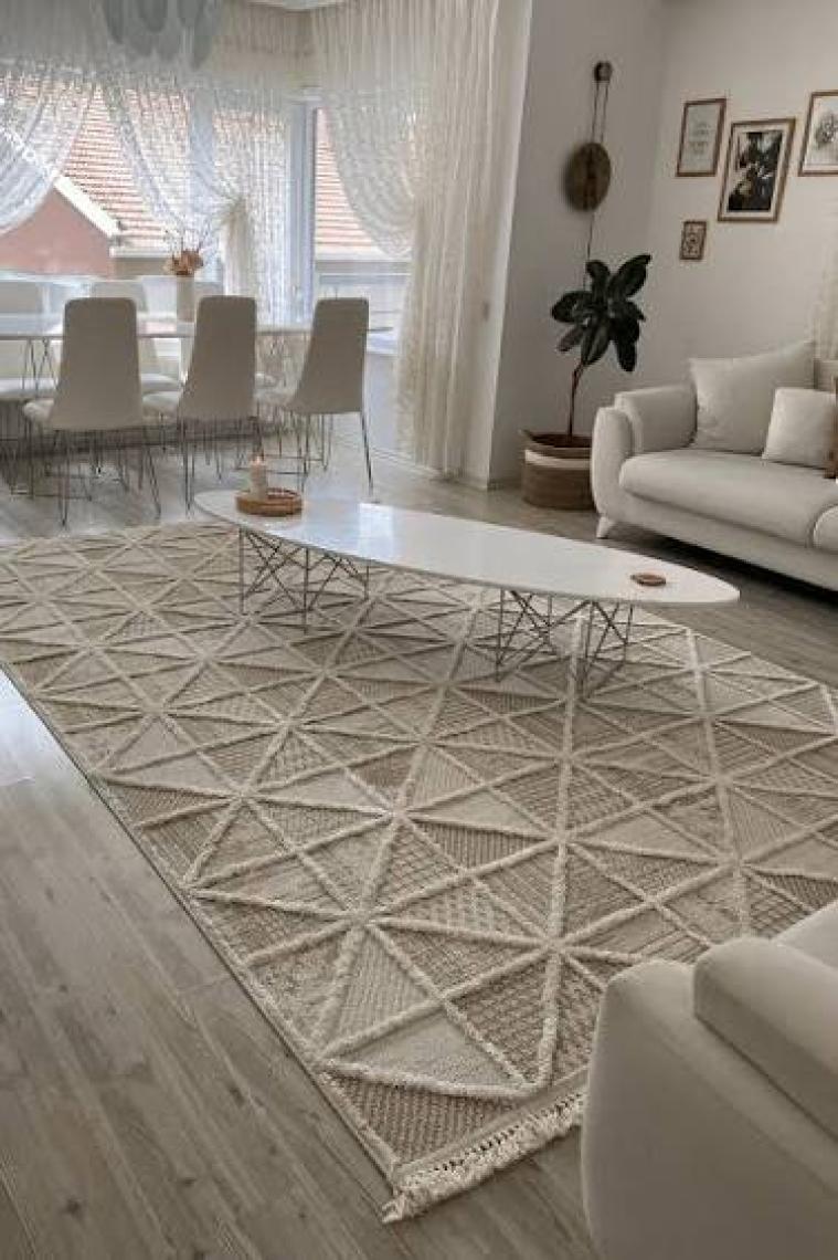 Cool Halı Sakura 2201 Krem Hav Toz Vermez Etnik Desenli Modern Bukleli Salon Halısı