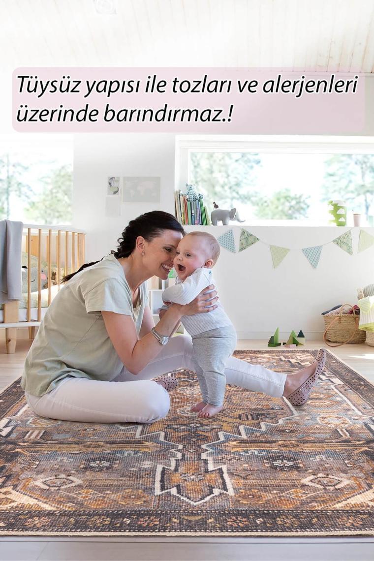 Artloop Folk Etnik Karabağ Desenli Dokuma Taban Dekoratif Kıahverengi Halı (Ba 01)