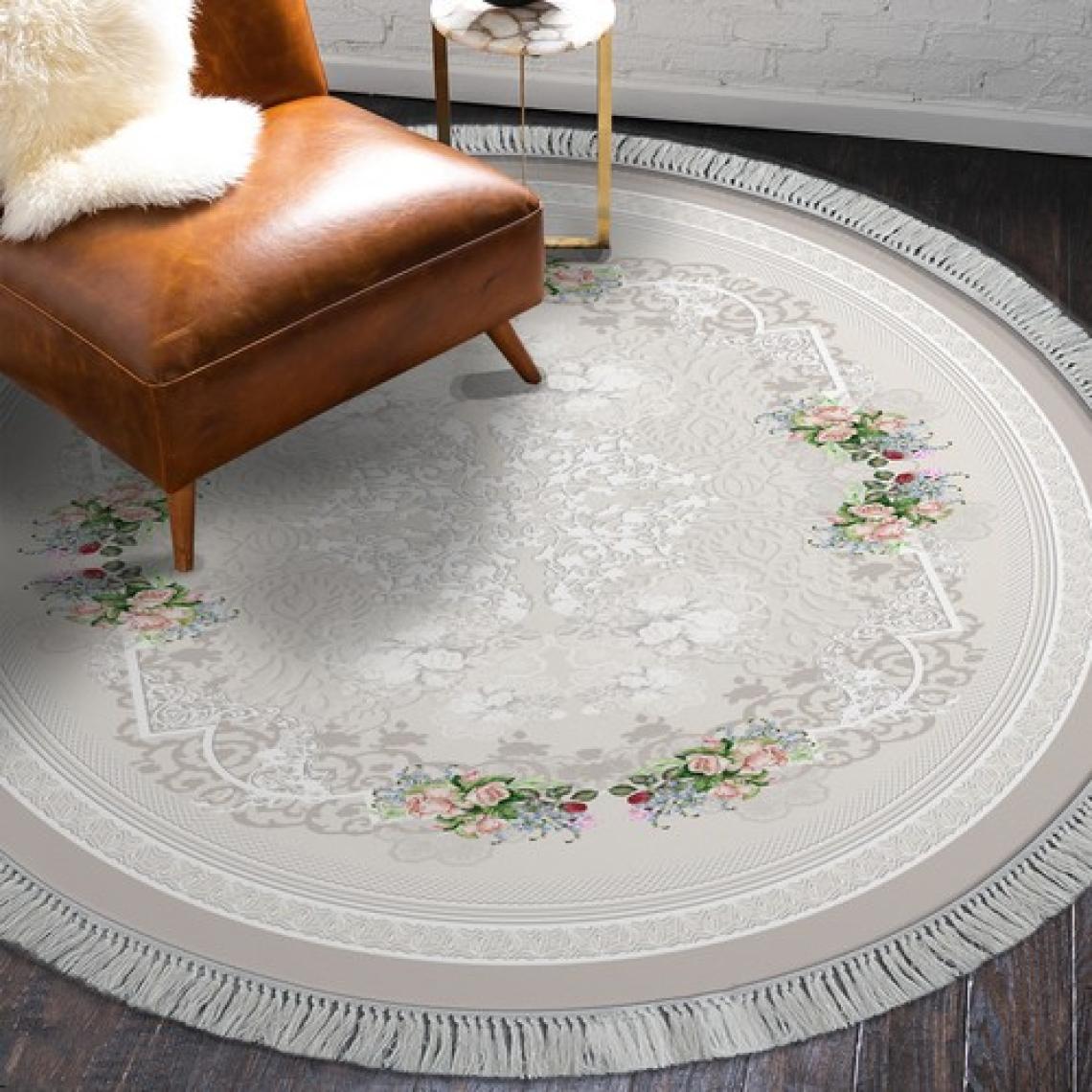 Alanur Home Alanur Yıldız Deri Tabanlı Saçaklı Yıkanabilir Dijital Halı Yuvarlak Krem