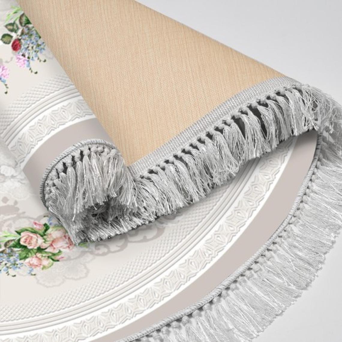 Alanur Home Alanur Yıldız Deri Tabanlı Saçaklı Yıkanabilir Dijital Halı Yuvarlak Krem