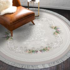 Alanur Home Alanur Yıldız Deri Tabanlı Saçaklı Yıkanabilir Dijital Halı Yuvarlak Krem