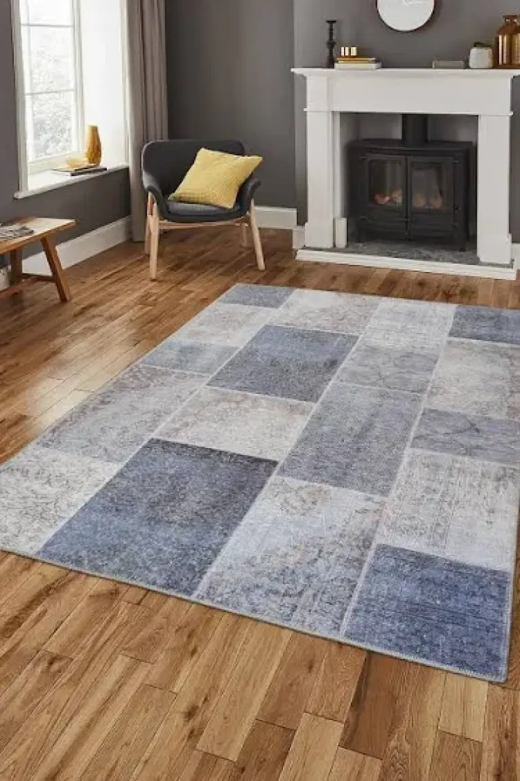 Artloop Patchwork Desenli Salon Halısı, Jazz Şönil |Pamuk-Polyester| Gri Halı Al 83