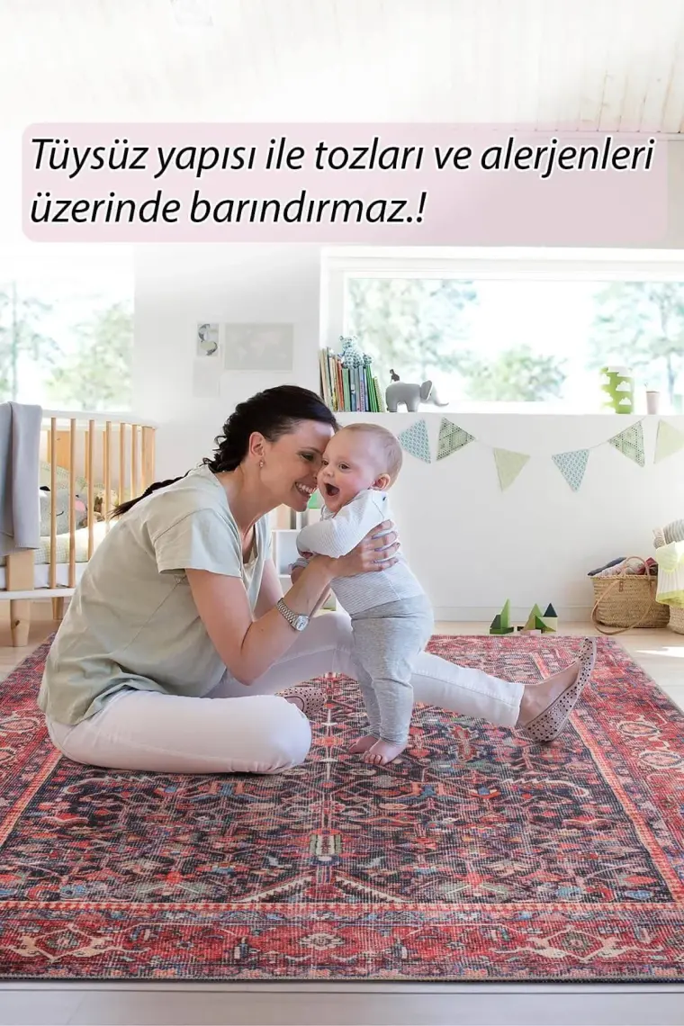 Artloop Vintage Salon Halısı, Blues Şönil Dokuma |Pamuk-Polyester|Kırmızı Halı Al 354