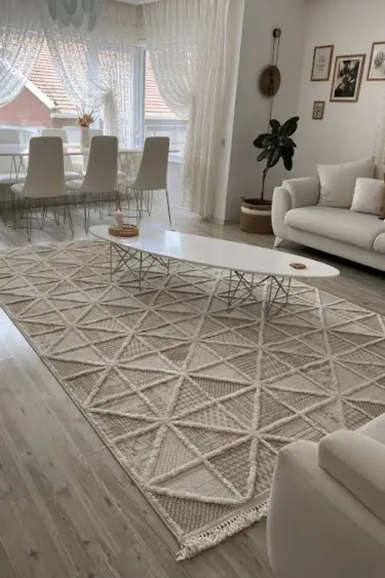 Cool Halı Sakura 2201 Krem Hav Toz Vermez Etnik Desenli Modern Bukleli Salon Halısı